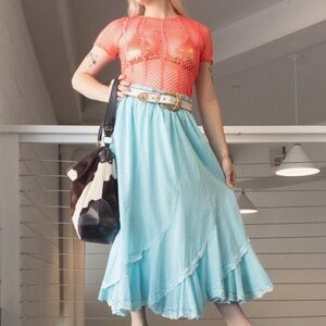 Vintage Blue Layered Ruffle Maxi Skirt